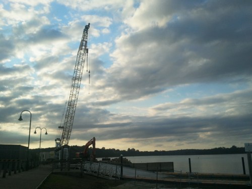 Crane to place the concrete ramp blocks in place