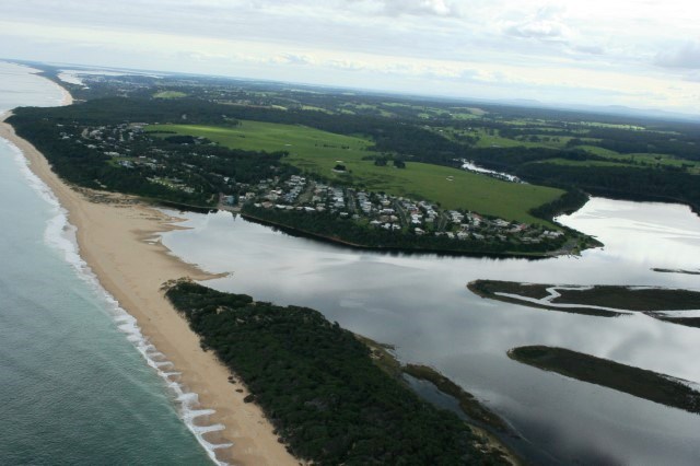 Arial view of Lake Tyers Beach, Estuary closed