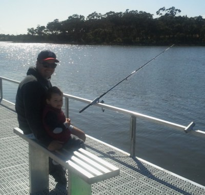 Father and Son fishing at Fishermans Landing Lake Tyers Beach