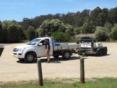 Car and trailer carrying Mulloway fingerlings to Lake Tyers
