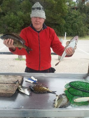 Johnny Jol with a wintery morning's catch  at Lake Tyers Beach